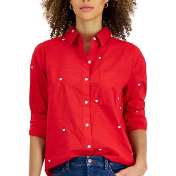 Style &‎ Co Women's Size M Embroidered Heart Long Sleeve Red Light Cotton Shirt - Picture 1 of 7